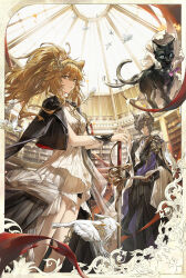  1boy 1girl absurdres animal_ears arknights bird black_cat black_jacket blonde_hair book bookshelf border brown_hair cat cat_boy cat_ears chinese_commentary closed_mouth commentary_request dress gradient_clothes gradient_dress hair_between_eyes hair_over_one_eye hands_on_hilt high-low_dress highres holding holding_book indoors jacket jacket_on_shoulders laurel_crown lion_ears lion_girl long_hair looking_at_viewer miss_christine_(arknights) multiple_tails nekomata open_book ornate_border phantom_(arknights) shaokao_lajitong short_hair siege_(arknights) sword tail tragodia_(arknights) two_tails vina_victoria_(arknights) vina_victoria_(glorious_path)_(arknights) weapon white_bird white_dress yellow_eyes 