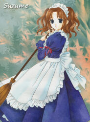  1girl apron artist_name back_bow black_eyes blue_dress bow broom brown_eyes colored_pencil_(medium) curtained_hair dress feet_out_of_frame frilled_apron frilled_sleeves frills holding holding_broom juliet_sleeves long_sleeves looking_at_viewer looking_to_the_side maid maid_apron maid_headdress medium_hair open_mouth original petticoat puffy_sleeves red_ribbon ribbon sleeve_ribbon smile solo standing suzumame traditional_media twintails white_apron white_bow 