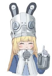  1girl :3 blonde_hair blue_jacket blush closed_mouth commentary_request facing_viewer gloves grey_hat hat jacket large_hat long_hair norma_hollowell pointing pointing_up shako_cap simple_background solo upper_body white_background white_gloves zenless_zone_zero zunbo_bamboos 