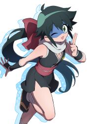  1girl :3 :d ;3 ;d absurdres ahoge azumaya_koyuki bare_shoulders black_kimono black_socks bow brown_sandals commentary_request drop_shadow eye_mask fishnet_top fishnets foot_out_of_frame green_hair hair_between_eyes hair_bow hand_up highres japanese_clothes keroro_gunsou kimono leg_up long_hair looking_at_viewer mask obi one_eye_closed open_mouth ponytail red_bow red_sash rurisuke salute sandals sash scarf short_kimono sidelocks simple_background sleeveless sleeveless_kimono smile socks solo standing standing_on_one_leg tabi two-finger_salute white_background white_scarf 
