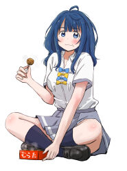  1girl absurdres ahoge black_socks blue_bow blue_bowtie blue_eyes blue_hair bow bowtie collared_shirt commentary_request dress_shirt eating food full_body grey_skirt highres indian_style looking_at_viewer make_heroine_ga_oo_sugiru! maruyo medium_hair school_uniform shirt simple_background sitting skirt socks solo summer_uniform takoyaki tsuwabuki_high_school_uniform whistle whistle_around_neck white_shirt yanami_anna yellow_bow yellow_bowtie 