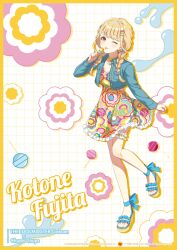 1girl :p blonde_hair blue_bow blue_jacket blush bow braid candy choker chupa_chups commentary_request cropped_jacket denim denim_jacket dress floral_print food footwear_bow french_braided_twintails frilled_dress frilled_thigh_strap frills fujita_kotone gakuen_idolmaster gem hair_bobbles hair_ornament hairclip highres holding holding_candy holding_food holding_lollipop idolmaster jacket lollipop long_sleeves low_twin_braids multiple_hairclips official_alternate_costume official_art one_eye_closed parallel_hairclips pearl pendant_choker platform_sandals print_dress sandals short_dress sidelocks sleeveless sleeveless_dress string_of_pearls thigh_strap tongue tongue_out twin_braids x_hair_ornament yellow_choker yellow_dress yellow_eyes 
