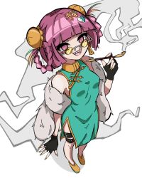  1girl @_@ absurdres bare_shoulders belt black_belt black_gloves blunt_bangs bocchi_the_rock! bun_cover chinese_clothes commentary double_bun dress english_commentary fingerless_gloves from_above full_body ghuler gloves green_dress hair_bun hair_ornament heart heart_hair_ornament highres hiroi_kikuri holding holding_smoking_pipe looking_at_viewer open_mouth pelvic_curtain purple_hair qipao sharp_teeth shoes simple_background sleeveless sleeveless_dress smile smoke smoking_pipe solo sunglasses teeth thigh_belt thigh_strap tinted_eyewear violet_eyes white_background yellow-tinted_eyewear yellow_shoes yin_yang yin_yang_hair_ornament 