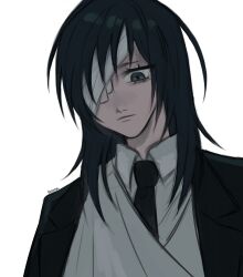  1girl absurdres arm_sling artist_name bandage_on_face bandage_over_one_eye bandages black_jacket black_necktie black_suit chainsaw_man collared_shirt commentary formal_clothes green_eyes green_hair highres himeno_(chainsaw_man) jacket long_hair long_sleeves looking_down necktie official_alternate_hairstyle one_eye_covered rzvzen sad shirt solo solo_focus suit twitter_username white_background white_shirt 