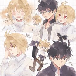  1boy 2girls ahoge animal_ear_fluff animal_ears antenna_hair arcueid_brunestud arms_behind_back black_bow black_eyes black_hair black_jacket black_pantyhose black_sleeves blonde_hair blush boots bow breasts bright_pupils brown_boots cape capelet cat_girl cat_tail chibi closed_eyes commentary_request couple dual_persona facing_viewer from_behind fur_capelet gakuran glaring glasses glowing glowing_eyes grey_jacket hair_between_eyes hand_on_own_face highres jacket jewelry looking_at_another looking_at_viewer messy_hair multiple_expressions multiple_girls mystic_eyes_of_death_perception mystic_eyes_of_enchantment necklace neco-arc official_alternate_costume ogura_(12pie) open_clothes open_jacket open_mouth pantyhose red_eyes school_uniform shirt short_hair single_hair_intake smile souya_high_school_uniform sweater t-shirt tail thigh_boots tohno_shiki tsukihime tsukihime_(remake) turtleneck turtleneck_sweater walking white_cape white_pupils white_shirt white_sweater wing_collar yellow_eyes 