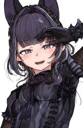  1girl absurdres advarcher black_gloves blunt_bangs blush breasts commentary dress fang gloves highres hololive hololive_english long_hair looking_at_viewer mole mole_under_eye ninomae_ina'nis open_mouth pointy_ears purple_hair sidelocks small_breasts smile solo teeth untranslatable_commentary upper_body violet_eyes virtual_youtuber 