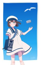  1girl arm_behind_back bird black_hair blue_background blue_eyes blue_sailor_collar blue_sky blush closed_mouth commentary_request daitou_(kancolle) depth_charge dress hair_between_eyes hat highres kantai_collection parted_lips rigging sailor_collar sailor_dress sailor_hat short_sleeves signature sky solo totto_(naka) white_dress white_hat 