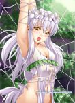  armpits arms_up blush breasts cleavage dress elf flower ge_xi hair_flower hair_ornament long_hair navel open_mouth orange_eyes original pointy_ears silver_hair solo spider_web tied_up torn_clothes torn_dress watermark web web_address white_hair yellow_eyes 