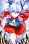  alternate_costume armpits blue_hair blue_legwear breasts dc_comics gg_(sword_girls) hair_ribbon holding kneehighs long_hair lowres luthica_preventer open_mouth pleated_skirt red_eyes ribbon running skirt solo superman sword_girls twintails 