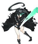  black_hair black_rock_shooter black_rock_shooter_(character) boots coat green_eyes laio open_mouth shorts solo spring_onion sword twintails weapon 