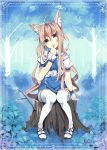  ahoge animal_ears blue_eyes brown_hair finger_to_mouth koba long_hair original sitting solo thigh-highs thighhighs tree_stump white_legwear wrist_cuffs 