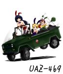  ak-74 aks-74u animal_ears assault_rifle blonde_hair blue_eyes blue_hair bowtie breasts brown_hair bunny_ears bunny_girl bunny_tail bunnysuit cleavage detached_collar driving fake_animal_ears green_eyes gun hairband highres jeep long_hair mizuki_ame motor_vehicle multiple_girls open_mouth original pantyhose rabbit_ears rifle rocket_launcher rpg-7 simple_background tail twintails uaz-469 vehicle weapon white_background wrist_cuffs 