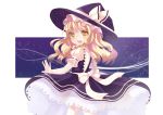  1girl :d bangs blonde_hair bow braid dress female frills hat kirisame_marisa long_hair mvv open_mouth outstretched_arm smile solo sparkle standing touhou witch_hat yellow_eyes 