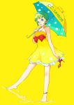  anklet bangs bare_shoulders barefoot blonde_hair blue_eyes bow c.c._lemon c.c._lemon_(character) dress feet glasses gradient_hair green_hair hair_ornament hairband highres jewelry kick-to-rip multicolored_hair open_mouth short_hair single_shoe smile solo splashing umbrella water yellow 