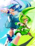  aoki_reika bike_shorts blue blue_background blue_dress blue_eyes blue_hair boots choker cure_beauty cure_march dress green green_background green_dress green_eyes green_hair hair_tubes head_wings highres long_hair magical_girl midorikawa_nao multiple_girls oustretched_hand outstretched_arms outstretched_hand ponytail precure shorts_under_skirt skirt smile smile_precure! squatting tiara tri_tails two-tone_background wrist_cuffs 