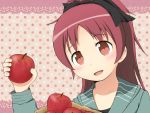  apple bow casual face food fruit hair_bow holding holding_fruit hoodie long_hair mahou_shoujo_madoka_magica midori_(rquick2009) open_mouth ore_no_imouto_ga_konna_ni_kawaii_wake_ga_nai parody polka_dot ponytail portrait red_eyes red_hair redhead sakura_kyouko smile solo style_parody 