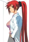  breasts brown_eyes hand_on_hip highres hips hirokiku labcoat large_breasts long_hair looking_at_viewer mouth_hold original ponytail red_hair redhead scrunchie shirt solo striped striped_shirt very_long_hair 