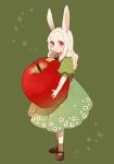  animal_ears apple bunny_ears dress food fruit hanaichi_(hana13) mary_janes minigirl original rabbit_ears red_eyes shoes solo white_hair 