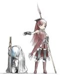  bad_id blood blue_hair bow cape coh fingerless_gloves gloves hair_bow kneeling long_hair magical_girl mahou_shoujo_madoka_magica miki_sayaka multiple_girls pocky polearm ponytail red_eyes red_hair redhead sakura_kyouko short_hair soul_gem spear sword thigh-highs thighhighs weapon white_background zettai_ryouiki 