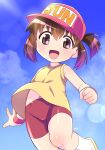  1girl bakusou_kyoudai_let&#039;s_&amp;_go!! baseball_cap bike_shorts brown_eyes brown_hair clenched_hand clouds groin hat highres himewachi looking_at_viewer navel open_mouth outdoors pink_headwear ponytail red_shorts sagami_jun shirt short_hair shorts sky sleeveless sleeveless_shirt smile solo standing standing_on_one_leg thighs wristband yellow_shirt 