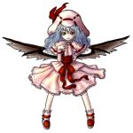  ascot bat_wings blue_hair bracelet capelet curiosities_of_lotus_asia dress hat hat_ribbon jewelry long_hair long_sleeves looking_at_viewer miata_(pixiv) pink_dress red_eyes remilia_scarlet ribbon simple_background smile solo touhou vampire wings 