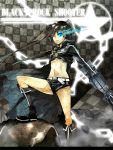  bikini_top black_hair black_rock_shooter black_rock_shooter_(character) blue_eyes boots coat gun highres laio open_mouth shorts solo sword twintails weapon 