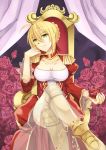  ahoge blonde_hair boots breasts cleavage cleavage_cutout crossed_legs epaulettes fate/extra fate_(series) flower green_eyes hair_ribbon hoshiyoruno legs legs_crossed light_smile ribbon rose saber_extra see-through sitting throne 
