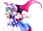  akatsuki_hiro ascot bat_wings blue_hair highres open_mouth red_eyes remilia_scarlet short_hair solo touhou traditional_media wings wrist_cuffs 