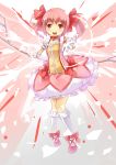  absurdres bow bow_(weapon) bubble_skirt choker dress gloves hair_bow hairband highres kaname_madoka looking_at_viewer magical_girl mahou_shoujo_madoka_magica mushiboy open_mouth outstretched_hand pink_eyes pink_hair puffy_sleeves ribbon short_twintails solo soul_gem twintails weapon white_gloves white_legwear 