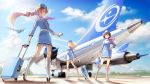  airplane airport bag belt boots car cloud clouds condensation_trail flight_attendant gloves highres landmark los_angeles motor_vehicle multiple_girls original ponytail rolling_suitcase scarf shirokichi sky smile stewardess suitcase uniform vehicle wind_turbine windmill 