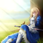  ahoge armor armored_dress avalon_(fate/stay_night) bird blonde_hair dress excalibur fate/stay_night fate/zero fate_(series) gauntlets hair_down highres long_hair memories_off_win qiuzhi_huiyi saber sheath sheathed sleeping solo 