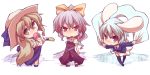  animal_ears blazer blonde_hair bunny_ears chibi eating food fruit hair_ribbon hat kuromiya long_hair multiple_girls necktie peach ponytail purple_hair rabbit_ears red_eyes reisen ribbon shawl short_hair siblings sisters skirt sword thighhighs touhou watatsuki_no_toyohime watatsuki_no_yorihime weapon yellow_eyes 