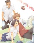  1girl 2boys bag black_hair brown_hair dress_shirt ekoo electric_fan fanning_face food glasses hot ice_cream konno_makoto mamiya_chiaki multiple_boys pleated_skirt school_uniform shirt short_hair sitting skirt sweat toki_wo_kakeru_shoujo tsuda_kousuke wind 