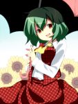  ascot bloom blush checkered checkered_skirt cowboy_shot dress_shirt flower green_hair highres kazami_yuuka looking_at_viewer no_nose oniku-chan open_mouth orange_eyes shirt short_hair skirt skirt_set smile solo sunflower touhou umbrella unmoving_pattern vest 