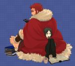  black_hair blush book cape chihare_27 controller eating fate/zero fate_(series) green_eyes male multiple_boys red_eyes red_hair redhead remote_control rider_(fate/zero) senbei sitting waver_velvet 