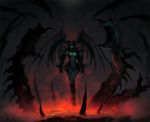  bad_id breasts clamp8903 copyright_request demon_girl demon_wings fire gauntlets glowing glowing_eyes green_skin head_wings molten_rock red_eyes solo succubus wings 
