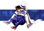  blue_eyes blue_hair brown_hair cape detective_conan edogawa_conan formal glasses gloves grin handcuffs hat hug kaito_kid kudou_shin'ichi kuroba_kaitou male meitantei_conan monocle motako_(motamota) multiple_boys night_sky red_shoes shoes sitting sky sneakers suit sweatdrop top_hat white_gloves white_shoes white_suit 