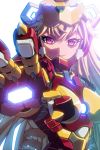  1girl alternate_costume armor blonde_hair breasts cinia_pacifica crossover female iron_man iron_mon_(cosplay) lens_flare looking_at_viewer lowres marvel masinhwangje mask open_mouth outstretched_hand pink_eyes power_armor smile solo sword_girls 