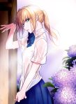  blue_eyes casual danbi2021 dress dripping fate/zero fate_(series) flower flying_sweatdrops hydrangea long_hair ponytail saber solo sweat sweating sweating_profusely wet wet_clothes wiping_sweat 