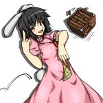  animal_ears black_hair box brown_eyes bunny_ears bunny_tail carrot coin donation_box drawfag dress inaba_tewi jewelry middle_finger money necklace ototobe pink_dress rabbit_ears short_hair solo tail touhou 