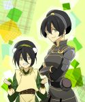  adult armor avatar:_the_last_airbender belt black_hair blind breasts catgirl0926 child chinese_clothes crossed_arms dual_persona green_eyes grin hairband height_difference legend_of_korra multiple_girls toph_bei_fong 