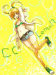  belt bikini_top blonde_hair blush breasts c.c._lemon c.c._lemon_(character) cutoffs denim denim_shorts green_eyes navel open_mouth original shoes short_hair short_shorts shorts smile solo thigh-highs thighhighs tsukasa_(mooncry) twintails underboob yellow_background 