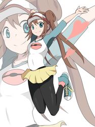  blue_eyes brown_hair double_bun female_protagonist_(pokemon_bw2) hat heart jumping long_hair looking_at_viewer marony mei_(pokemon) pantyhose pokemon pokemon_(game) pokemon_bw2 raglan_sleeves skirt smile solo twintails visor_cap zoom_layer 