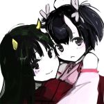  black_eyes black_hair character_request hair_ornament hinomoto_oniko horns hug japanese_clothes kamemushi_(hoozuki) kimono kohinomoto konipon multiple_girls original red_eyes 