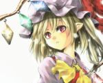  ascot blonde_hair flandre_scarlet hat hat_ribbon highres parted_lips pointy_ears red_eyes ribbon short_hair side_ponytail simple_background solo touhou white_background wings yoshike~to 