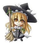  blonde_hair bow braid broom chibi curiosities_of_lotus_asia elehime frills gloves hair_bow hat kirisame_marisa long_hair mary_janes shoes side_braid simple_background single_braid smile solo touhou witch witch_hat yellow_eyes 