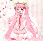  cherry cherry_blossoms dated detached_sleeves food fruit hatsune_miku headset liang long_hair necktie open_mouth pink_hair pink_legwear red_eyes sakura_miku skirt solo striped striped_background thigh-highs thighhighs twintails very_long_hair vocaloid 