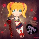  blonde_hair blood blush_stickers breasts candy chainsaw cheerleader chibi clothes_writing crossed_legs dated green_eyes jonathan_barret juliet_starling large_breasts legs_crossed lips lollipop lollipop_chainsaw looking_at_viewer pikou sitting solo standing thigh-highs thighhighs thighs title_drop twintails watermark wristband 