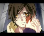  banagher_links blood blood_on_face brown_eyes brown_hair gundam gundam_unicorn hand_on_another&#039;s_face hand_on_another's_face hoodie isee77630 jacket letterboxed male short_hair solo 