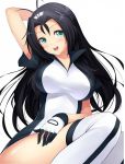  black_hair blue_eyes blush breasts collar curvy gloves hand_behind_head impossible_clothing large_breasts legs smile thigh_highs thighs 